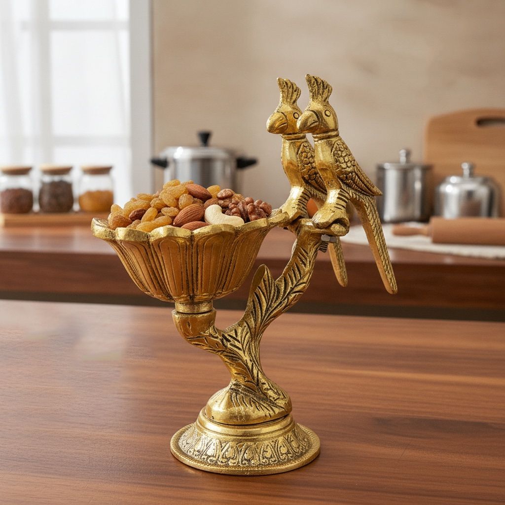 Aluminium Double Parrot Design Decorative Bowl | Bird Showpiece | Fruit Bowl for Home Decor, Height : 7.5 Inch (ASMAS544 G)