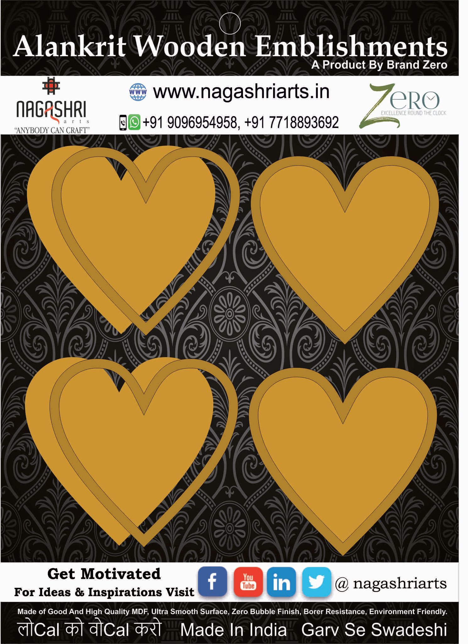 Brand Zero MDF Heart Coaster With Border Frame 4 Inches - Pack of 4 Pairs