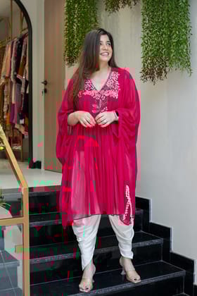 Rehem Hot Pink Embroidered Dhoti Set-XL