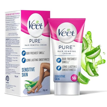 Veet Pure Hair Removal Cream for Women with No Ammonia Smell, Sensitive Skin - 50 g  Suitable for Legs, Underarms, Bikini Line, Arms  2x Longer Lasting Smoothness than Razors