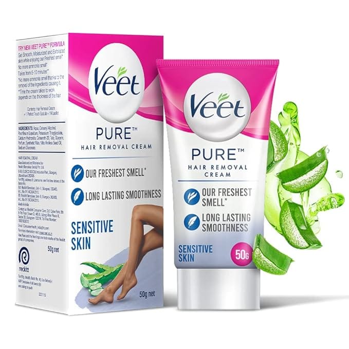 Veet Pure Hair Removal Cream for Women with No Ammonia Smell, Sensitive Skin - 50 g  Suitable for Legs, Underarms, Bikini Line, Arms  2x Longer Lasting Smoothness than Razors