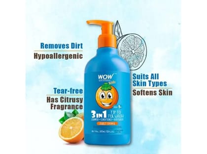 WOW 3-in-1 Tip To Toe Wash, Sweet Orange Kids Shampoo + Conditioner + Body Wash,  No Sulphates & Parabens - 300ml