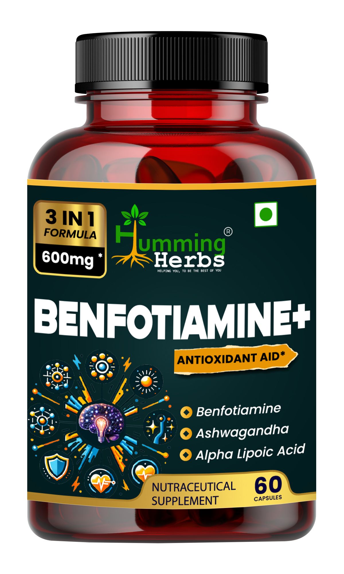 Humming Herbs Benfotiamine+ 600mg with Ashwagandha & Alpha Lipoic Acid - Antioxidant & Energy Support - Promotes Nerve Health & Metabolic Function - Nutraceutical Supplement