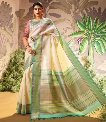 White Handloom Lino Silk Saree With Meena Buttas-White