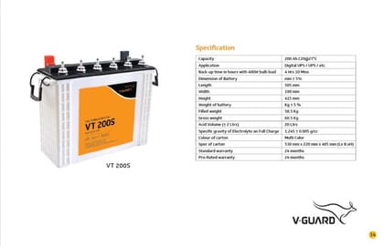 V-Guard VT 200S Tall Tubular Inverter Battery (200 Ah) | High Cyclic Life & Long Backup | Digital UPS Systems