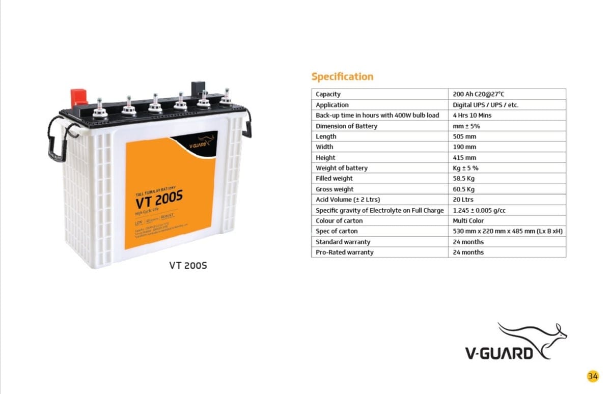 V-Guard VT 200S Tall Tubular Inverter Battery (200 Ah) | High Cyclic Life & Long Backup | Digital UPS Systems