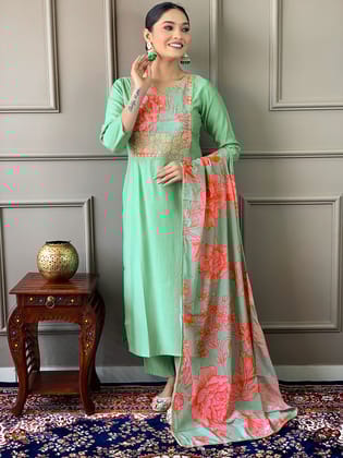 Women Viscose Chanderi Embroidered Straight Kurta with pant and dupatta sets-S