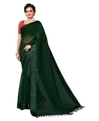 Generic Women's Cotton Blend Stripe Pattern Sarees (Green, 5 - 6 Mtrs)