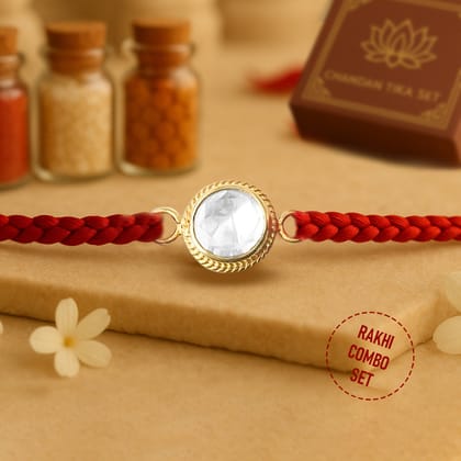 92.5 Silver Polki Rakhi with Chandan Tilak Set