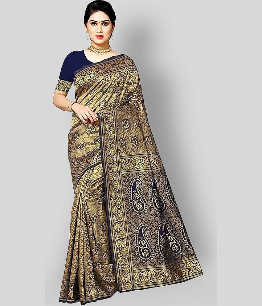 NENCY FASHIONS Banarasi Silk Printed Saree With Unstitched Blouse Piece ( Gold )