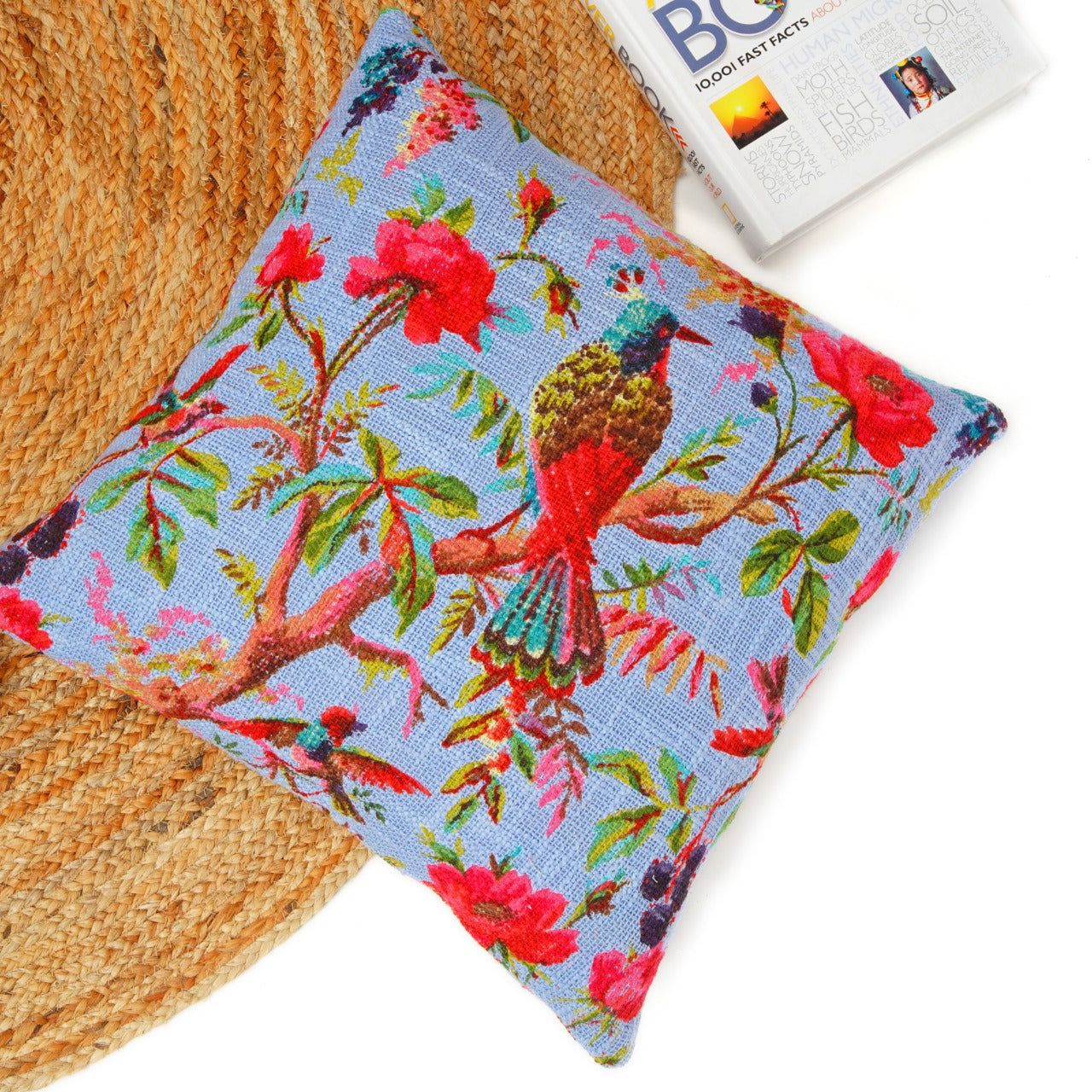 Birds of paradise TNT Slub Outdoor Cushion Cover- Blue-12 x 12 inches