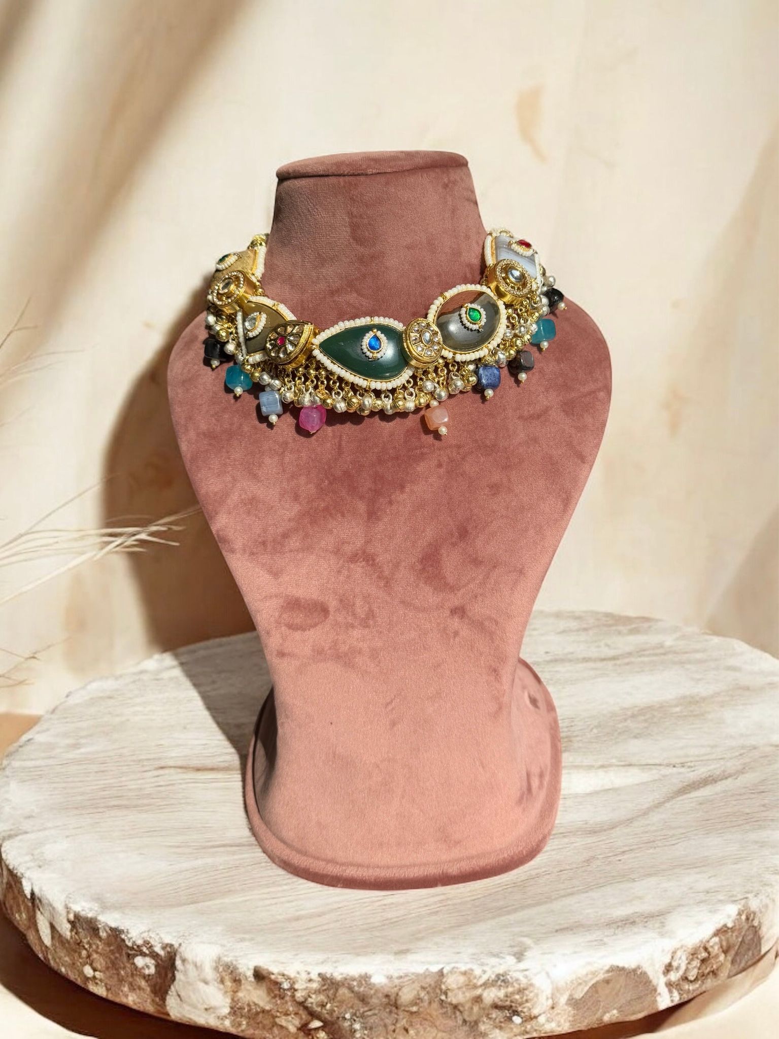 Chitra Choker Necklace-Multicolor / Brass metal with semi precious stones and kundan work / Adjustable Thread
