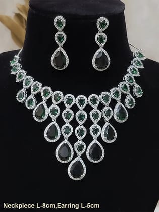 Green tear drop shaped stone silver finish AD set