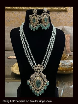 Three coloured glass bead strings long antique finish pendant set with tear drop stone in pendant with AD and kundan-Aqua