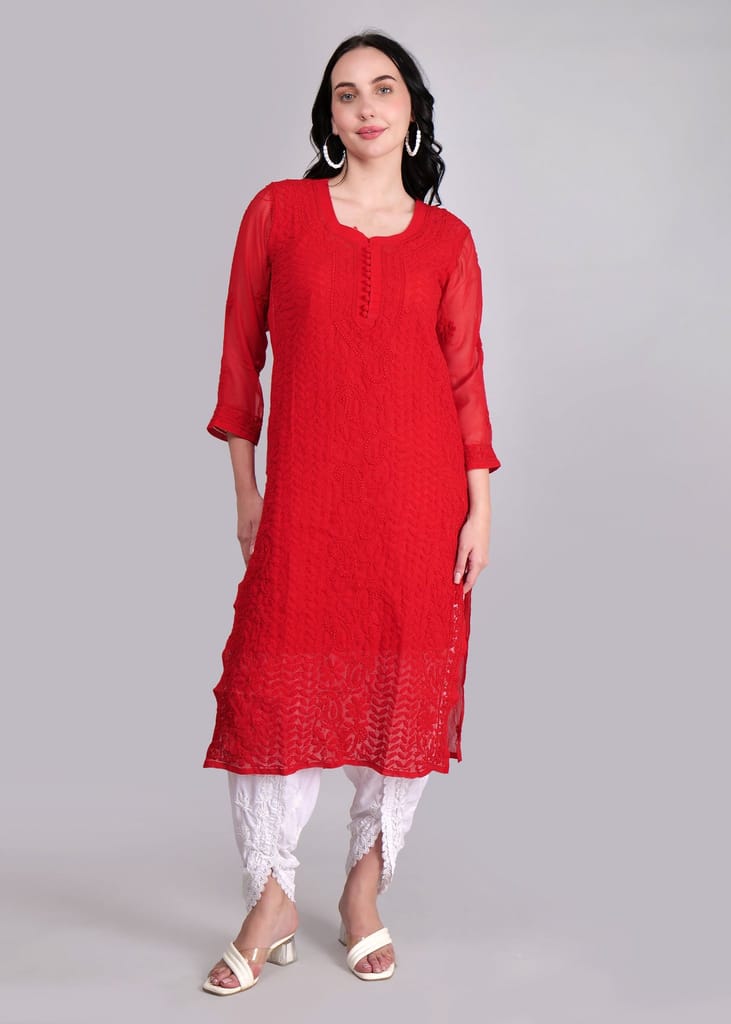 Geogette Hand Embroidered Calf length Chikankari Red Kurta