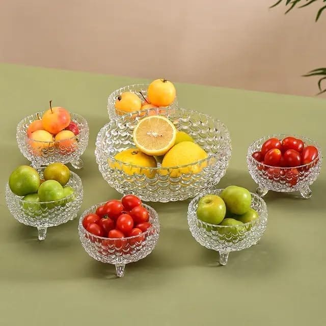 Crystal Glass Bowl Set of 7 pcs with 1 Large Bowl & 6 Small Bowls for Serving Snacks, Pudding, Dessert, Fruits and Kitchen Purpose (Fish Design)