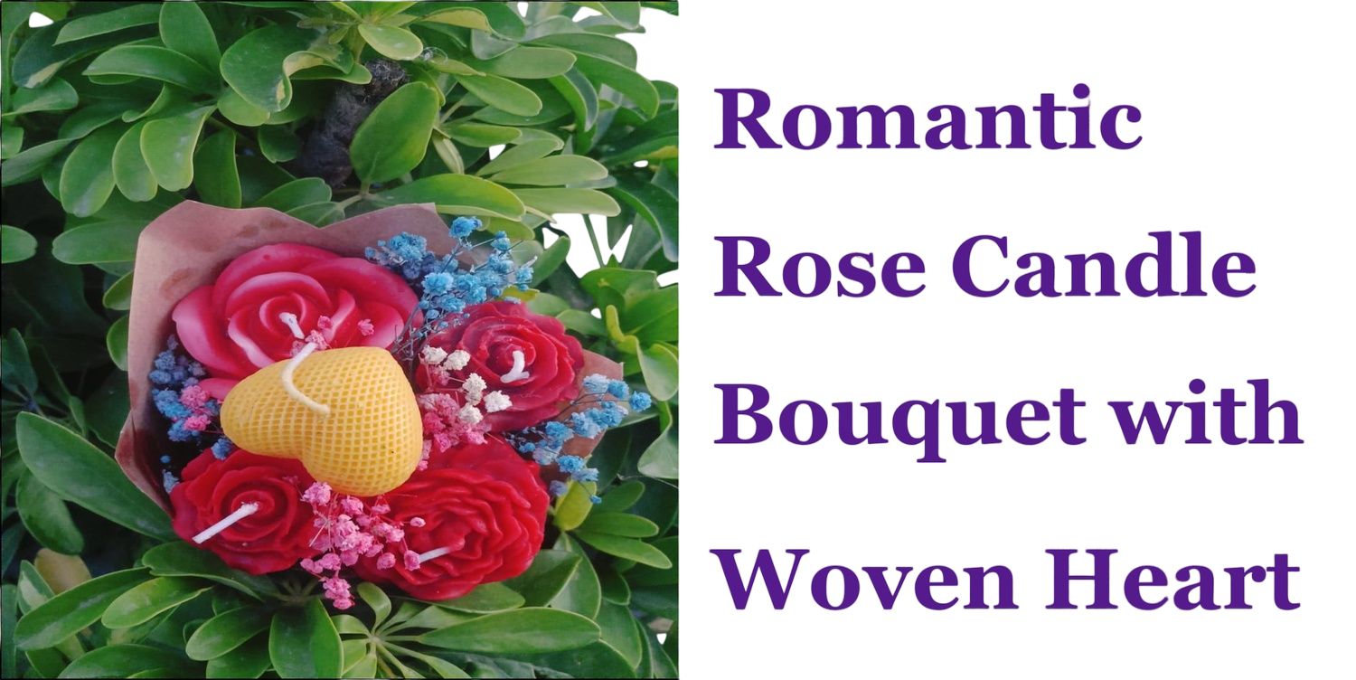 Romantic Rose Candle Bouquet - Unique Gift Idea with Pink & Red Rose-Shaped Candles, Blue & White Flowers, and Woven Yellow Heart, Wrapped in Elegant Paper