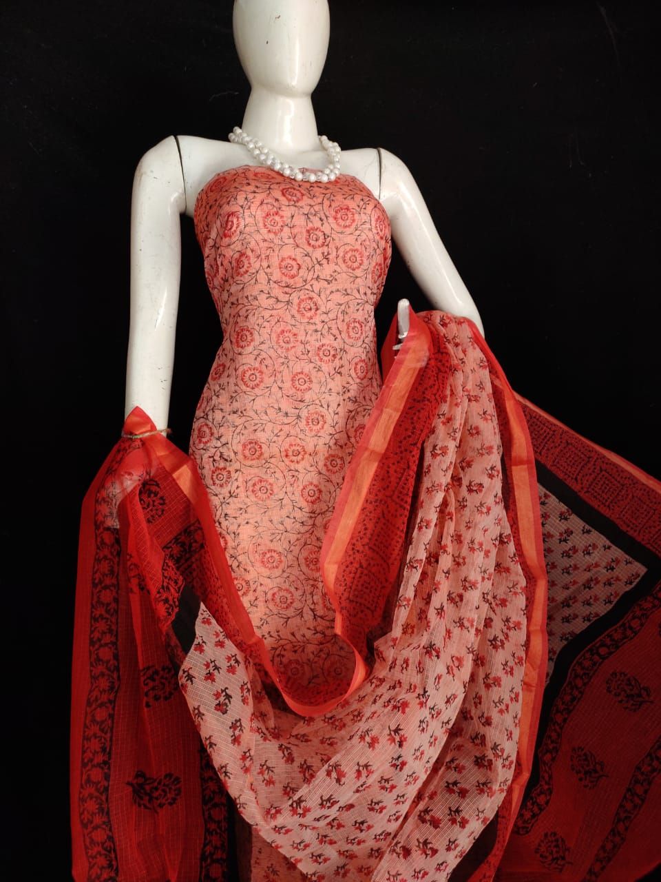 Serene Kota Doria Red Blockprinted Suit (Top+Dupatta+Bottom)