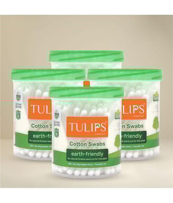 TULIPS Cotton Ear Buds/Swabs (Pack of 4) with white Paper Sticks 100/200 Tips in a Jar