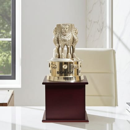 Brass Ashok Lath Statue on Wooden Base – Luxury Office Decor Showpiece, Height : 16 Inch (FMAS720 J)