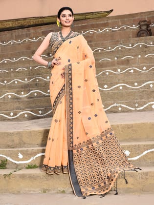Orange Handloom Cotton Butti Weaving Saree