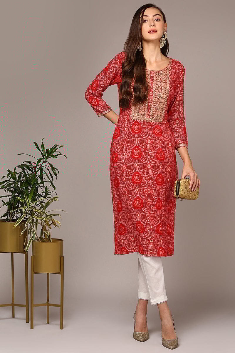Plus Size Red Viscose Rayon Bandhani Straight Kurta VCK9546