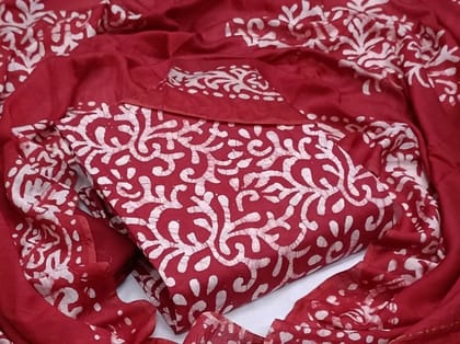 Cotton Hand Blocked Wax Batik Dress Material (Unstitched)-Red
