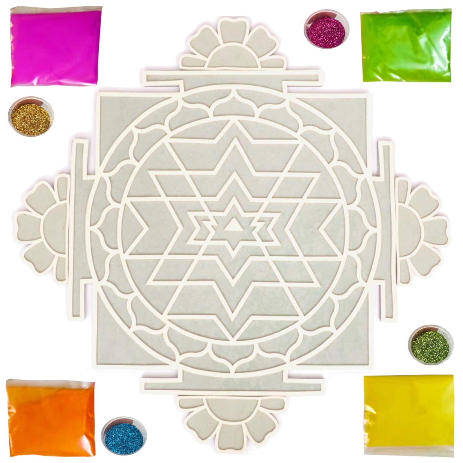 The Brown Box-Island Rangoli-Shree Yantra Flower Design Template, Rangoli Making kit with Colors and Glitter, Reusable, Portable, Floating, Readymade, Easy Rangoli Stencils, Diwali Decor.