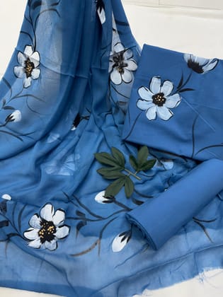 Hand Painted Cotton Suit With Chiffon Dupatta