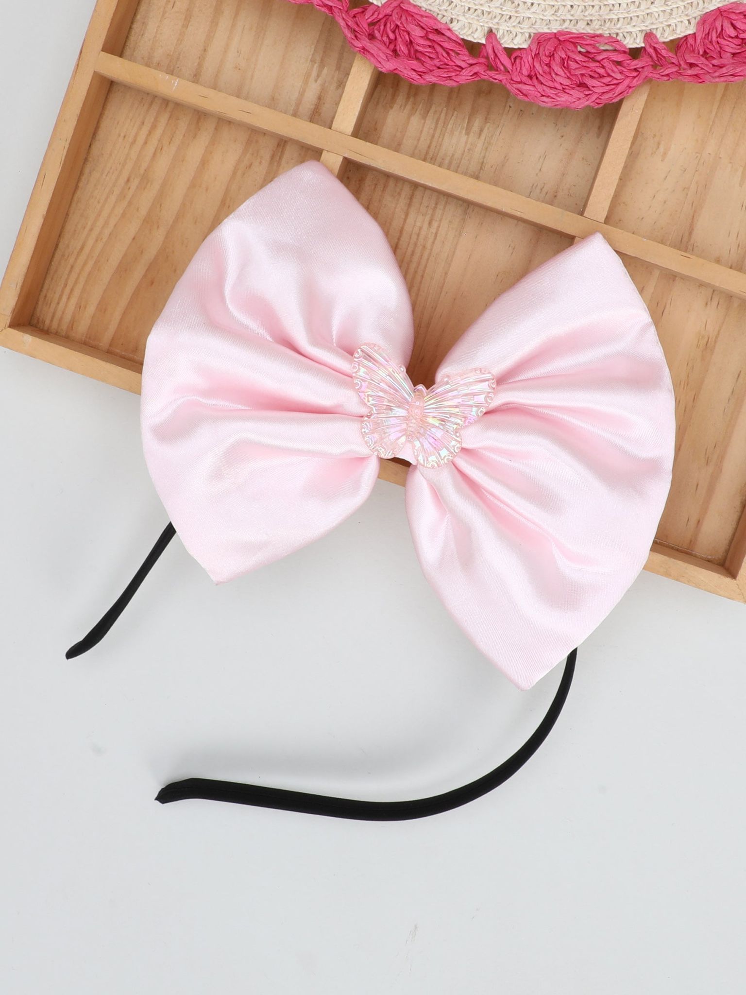 Satin Bow Hairband with Butterfly - Pink-one Size / Pink