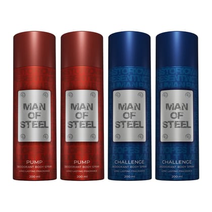 Denver Pack of 4 Man of Steel Deos (2 Pump + 2 Challenge) - 200ml Each