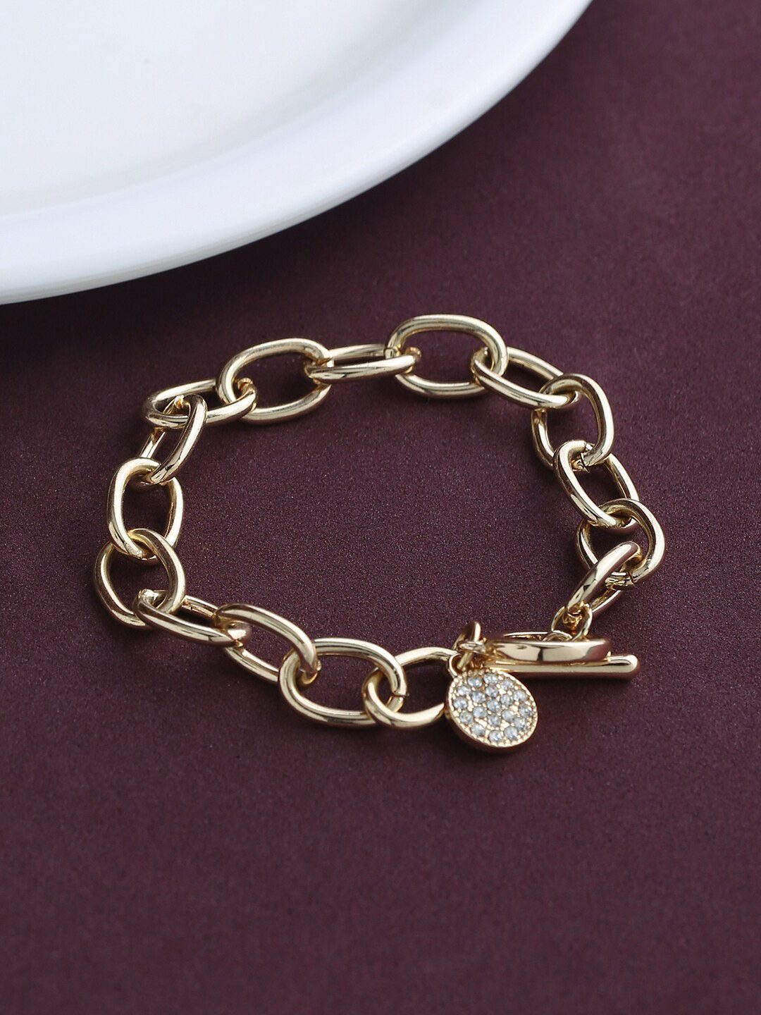 justpeachy Women Gold-Toned & White Cubic Zirconia Gold-Plated Link Bracelet