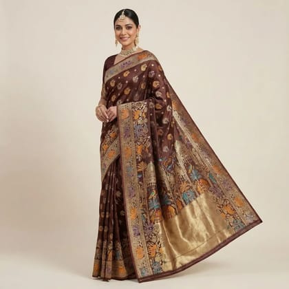 Brown Banarasi Satin Embroidered Festive Saree For Women Brown Banarasi Satin Embroidered Festive Saree For Women