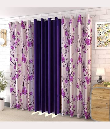 Kraftiq Homes Floral Semi-Transparent Eyelet Curtain 9 ft ( Pack of 3 ) - Purple