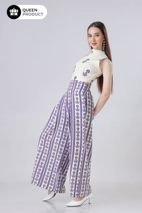Ethnic Motif Print Round Neck Side Waist Cut Out Jumpsuit-XXS / Royal Blue / JP0019-DPPS1000101/DPPS1000100-3 MTR-NIL-NIL-NIL-NIL-THW002-FS001-ZPH003-BT0014-1-NIL-NIL-NIL