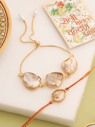 NVR Set of 2 Gold Toned Pearls Bhaiya Bhabhi Rakhi with Roli Chawal Chandan & Mishri-One Size / Gold