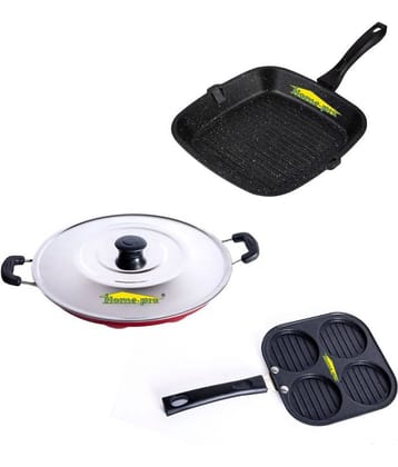 HomePro Non-Stick Set, Grill Pan 26 cm, Mini Uttapam 20 cm, Red Appam with Steel Lid 12 Cavity (Pack of 3)
