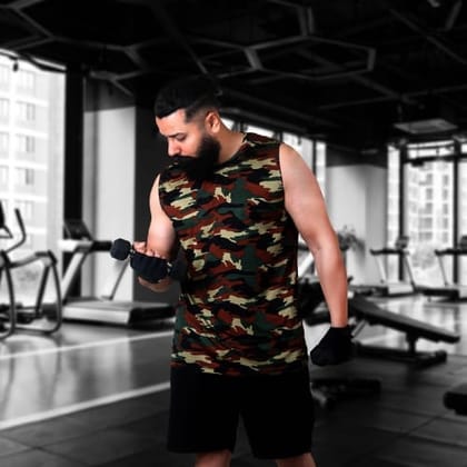 Men's Gym Sleeveless T-Shirt Camouflage Brown - Drifit, Quick Dry Sports Tank Top, Sando Vest