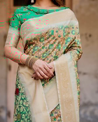 Emerald Green and Gold Tussar Silk Saree with Floral and Ornamental Motifs-Regular