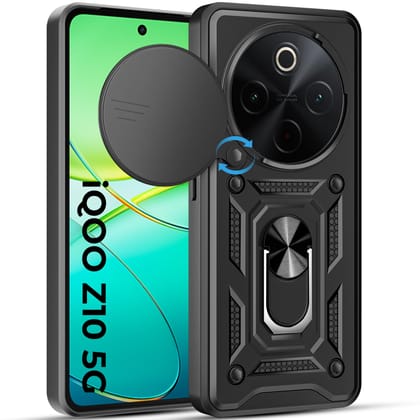 A rtistque Armor Bumper Back Case Cover for Vivo T4 5G / iQOO Z10 5G | Stylish Ring Holder & Inbuilt Stand | Sliding Camera Cover | TPU Protective Design | Vivo T4 5G & iQOO Z10 Back Cover - Black Premium Armor Series-Black