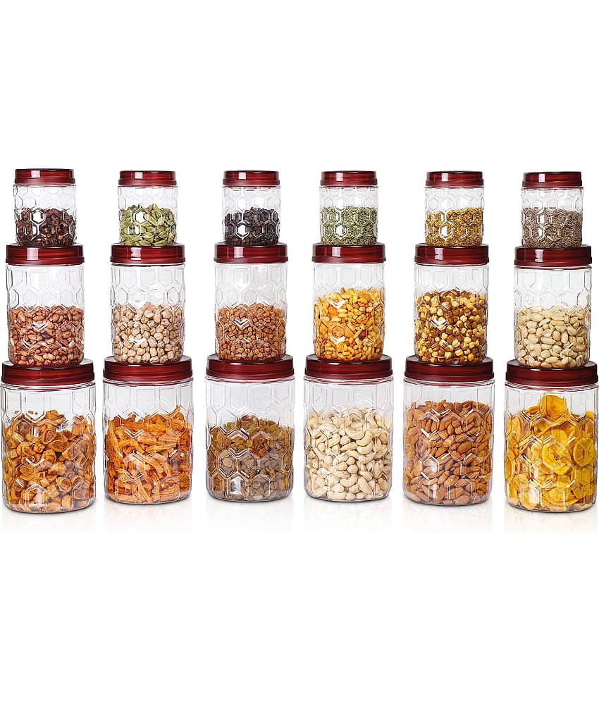 Milton Hexa plastic Pet Storage Jar and Container, Set of 18 (6 Pcs x 270 ml Each, 6 Pcs x 665 ml Each, 6 Pcs x 1240 ml Each), Brown