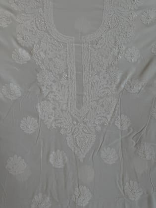 Modal Chikankari Unstitched Kurti Fabric - White-White / Modal / Thread Work