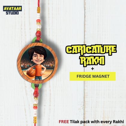 Personalized Caricature Rakhi with Fridge Magnet Unique Rakhi for Brother Caricature Durable Caricature Rakhi for Bhai Customised Photo Rakhi for Rakshabandhan (BASKETBALL PLAYER)