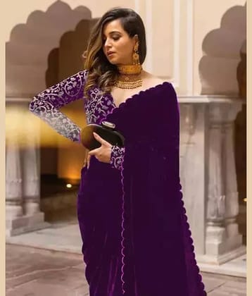 KV Fashion Velvet Embroidered Regular Saree With Unstitched Blouse Piece ( Wine )