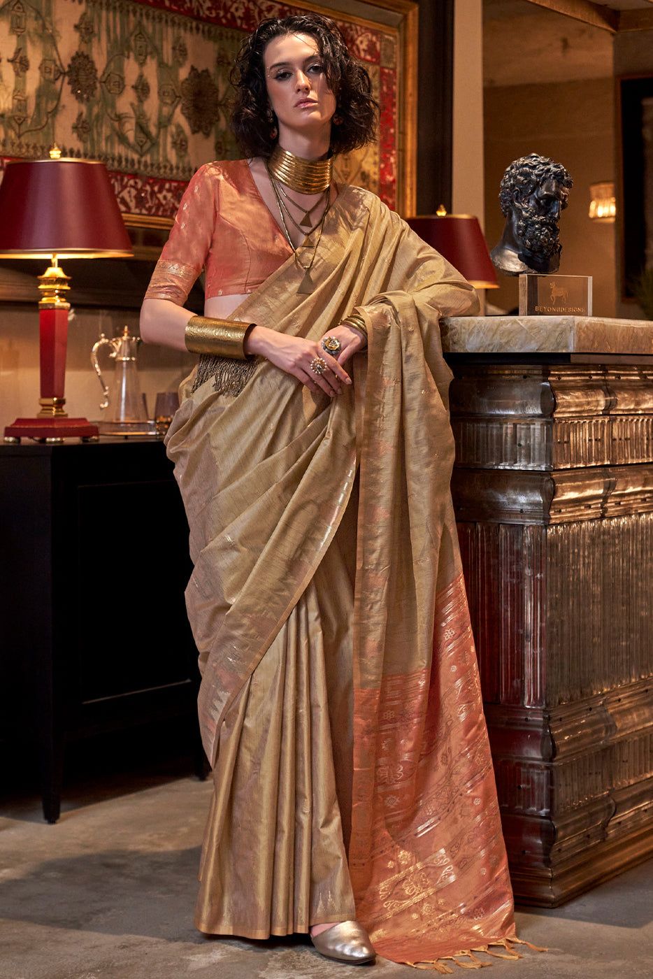 Antique Gold Woven Tussar Silk Saree