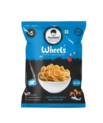 Snackholic Wheels (Masala Flavour) | Crunchy Wheat & Rice Puff Snack | Kids Teatime Treat