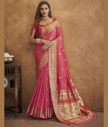 Samah Silk Woven Saree With Unstitched Blouse Piece ( Pink )