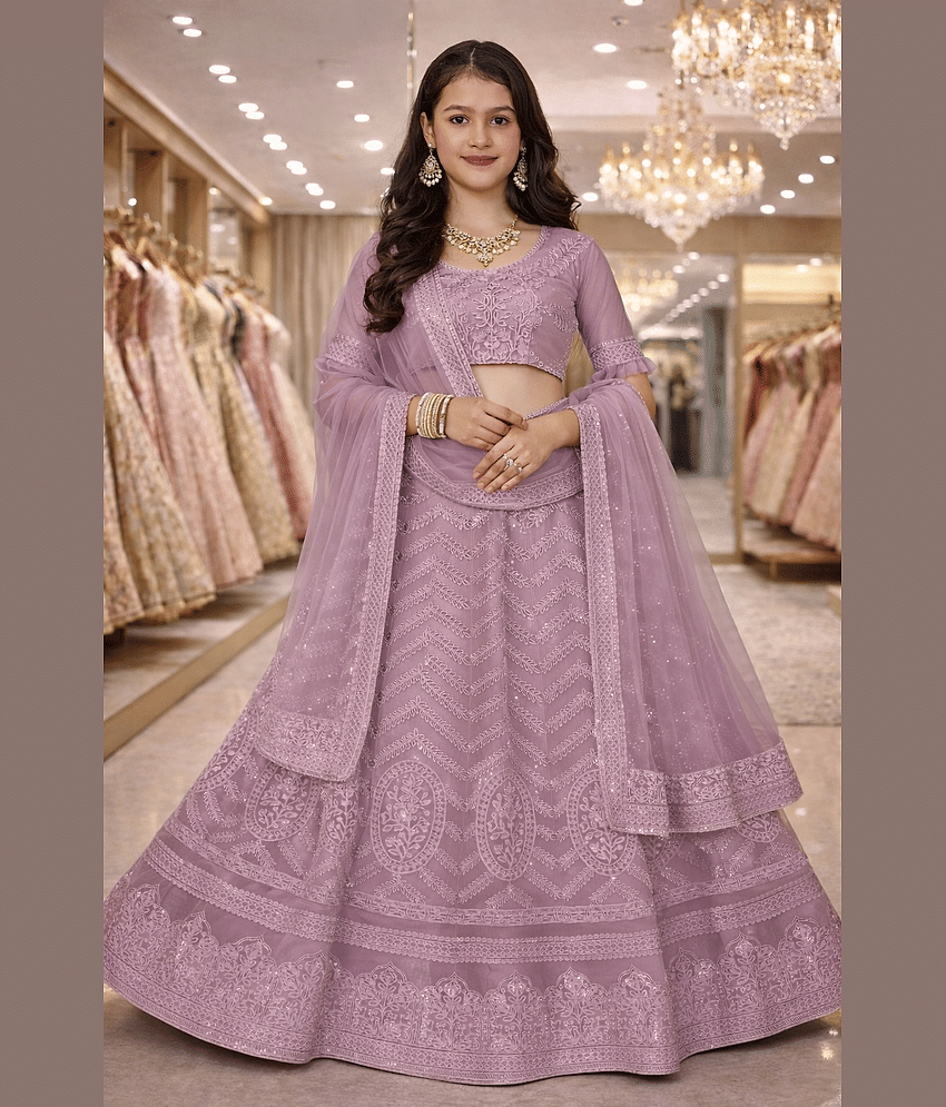 Keyura Net Lehenga Choli Set For Girls ( Pack of 1 , Baby Pink )