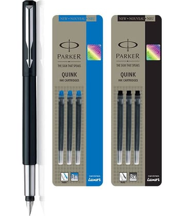 Parker Vector Standard Ct Fountain Pen-Balck + Ink Cartridge-Black & Blue (Pack Of 6) Fountain Pen (Blue, Black)