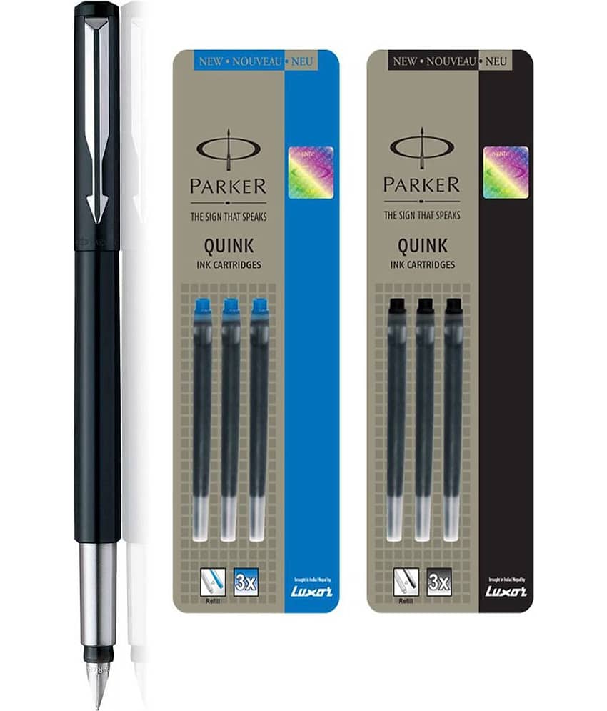Parker Vector Standard Ct Fountain Pen-Balck + Ink Cartridge-Black & Blue (Pack Of 6) Fountain Pen (Blue, Black)